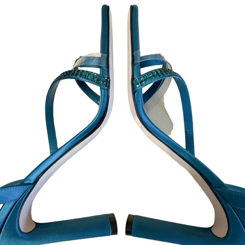 Tamara Mellon High Stakes 100 Toe Loop Blue Green Crystal High Heel Sandals 37.5